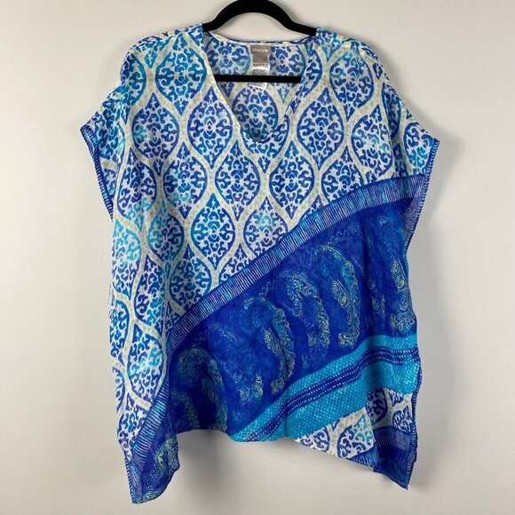 Chicos Cool-Tone Printed Linen Poncho Top Womens S/M Blue V Neck - Picture 1 of 9